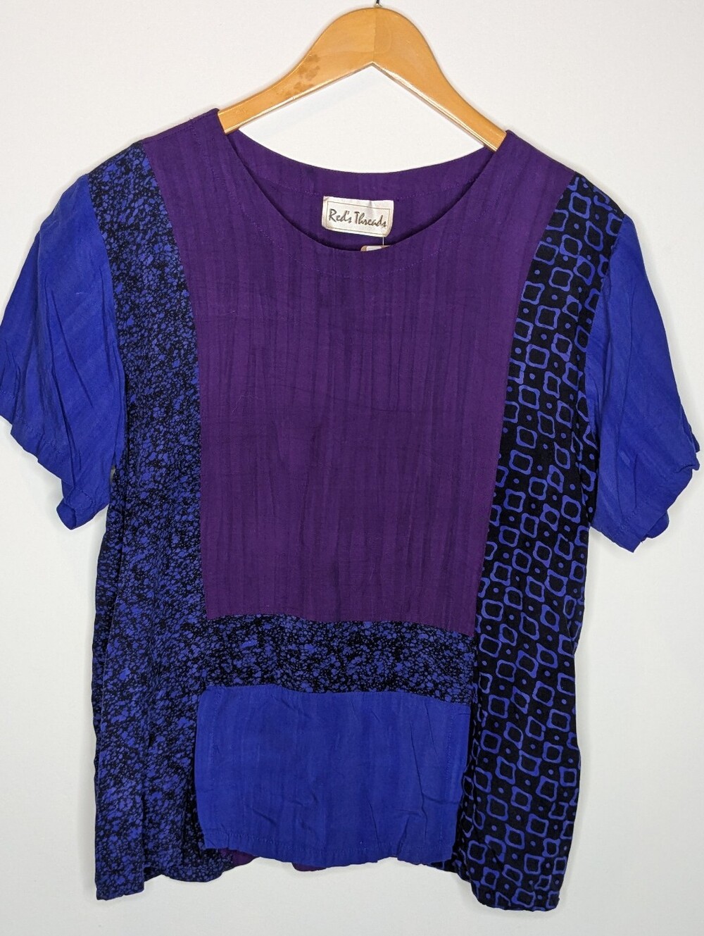 Vintage Patchwork Short-Sleeve Top in Purple and Blue Medium